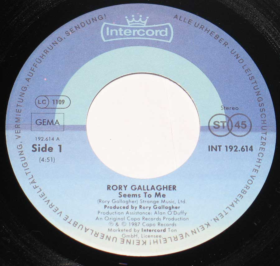 Close up of record's label RORY GALLAGHER - Defender 12" Vinyl LP Album Side Two