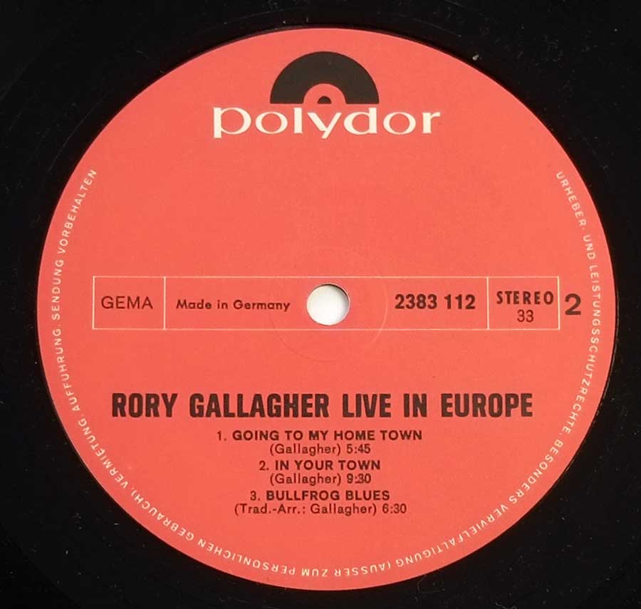 RORY GALLAGHER - Live in Europe German Release 12" Vinyl LP Album  enlarged record label