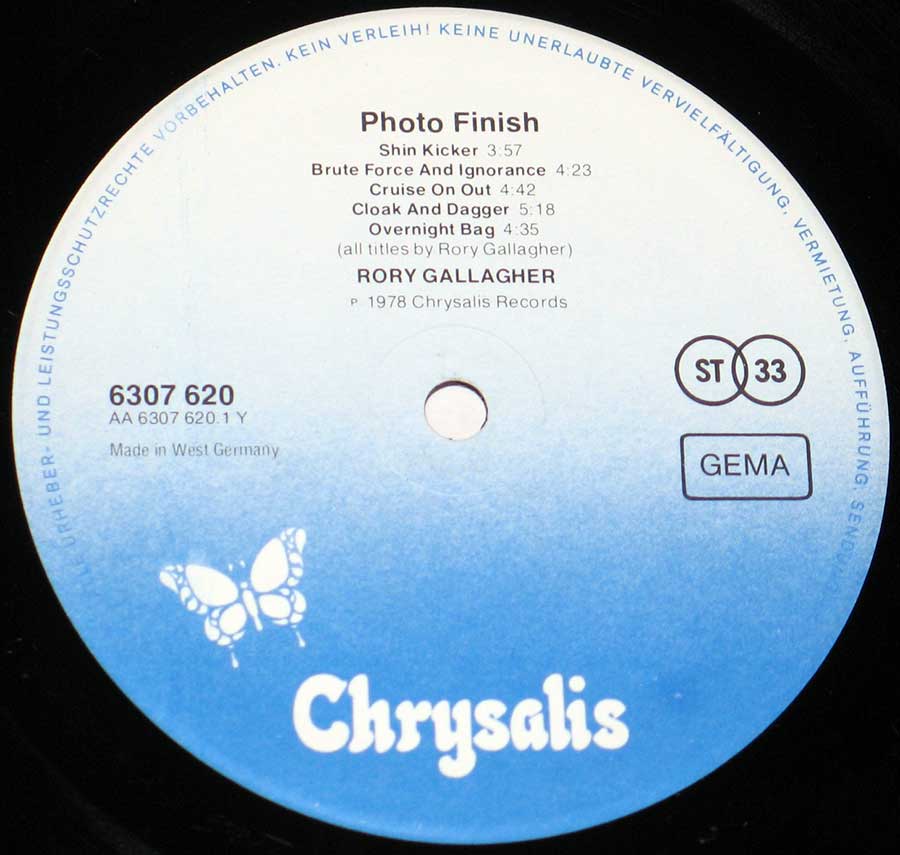 Close up of record's label RORY GALLAGHER - Photo-Finish Side One