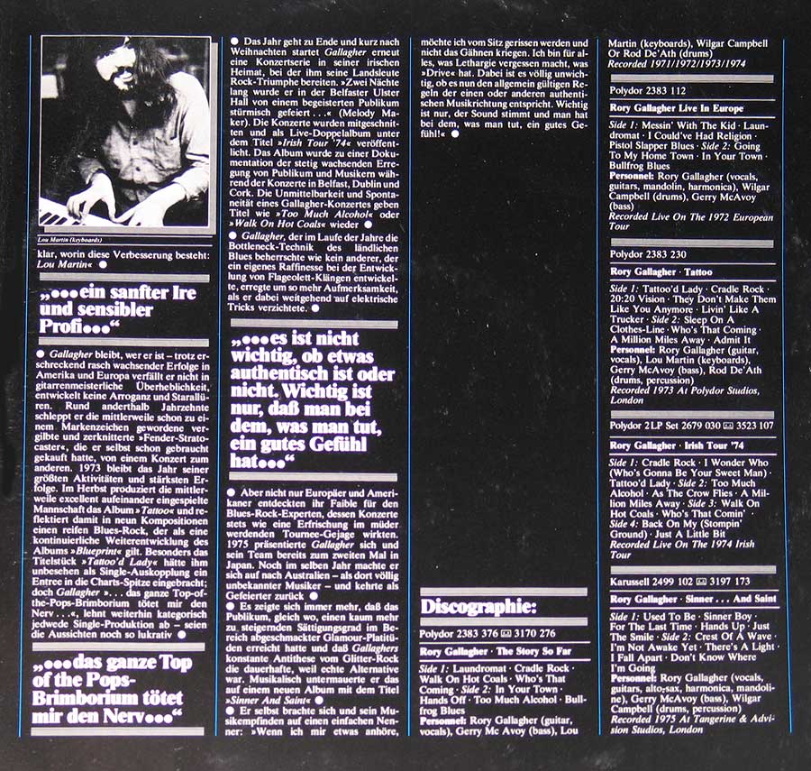 RORY GALLAGHER - The Story of Rory Gallagher 12" Vinyl LP Album inner gatefold cover
