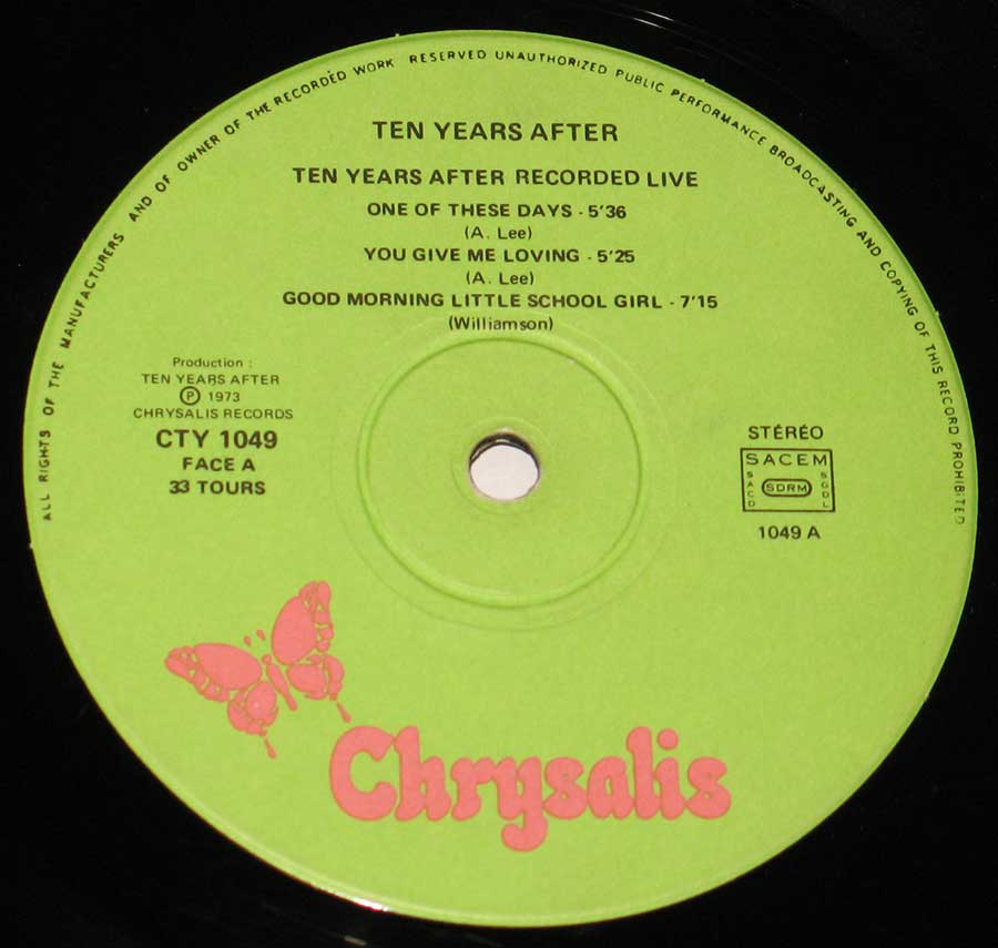 Close up of record's label Ten Years After - Recorded Live 2LP ( French Release ) Side One