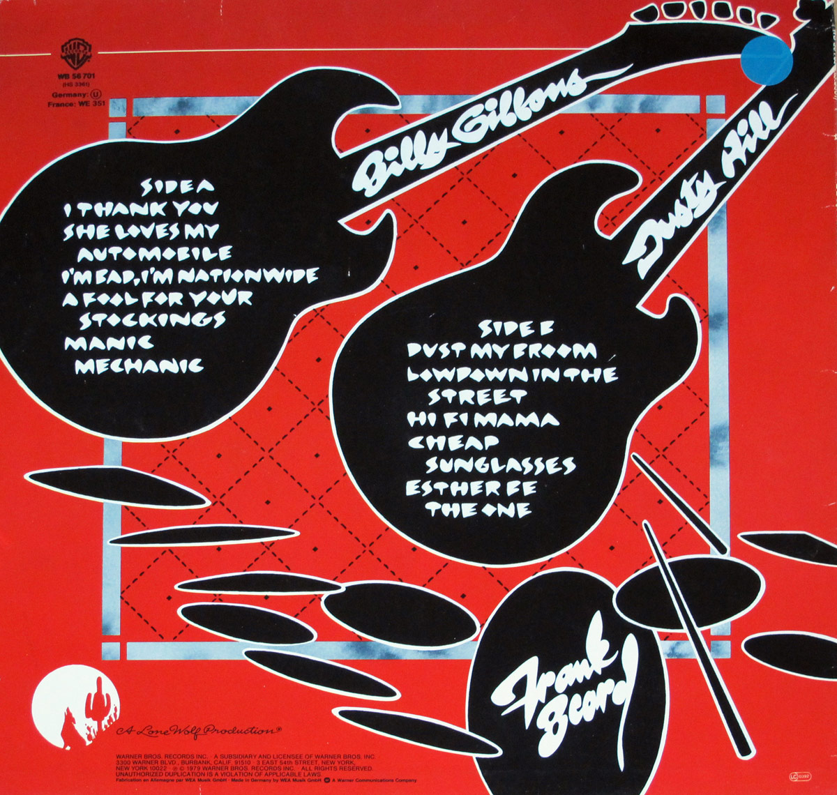ZZ Top Deguello back cover featuring a red background with black guitars listing track names, a stylized drum set illustration, and signatures of band members.