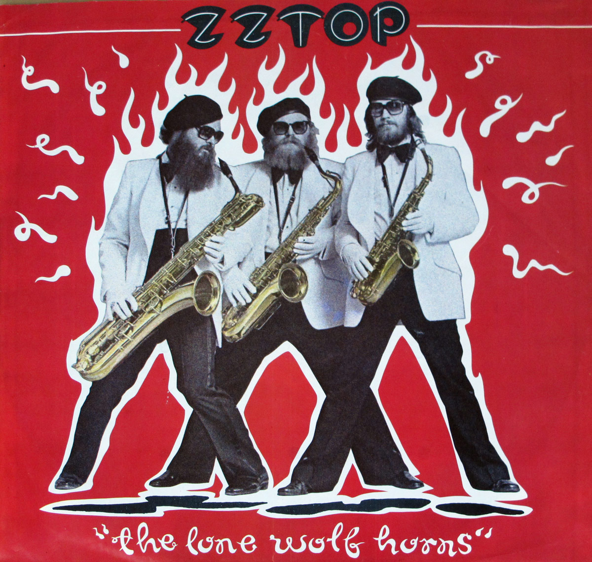 ZZ Top Deguello inner sleeve showing the band members dressed in white jackets, black pants, sunglasses and berets, each holding a saxophone against a flaming red background.