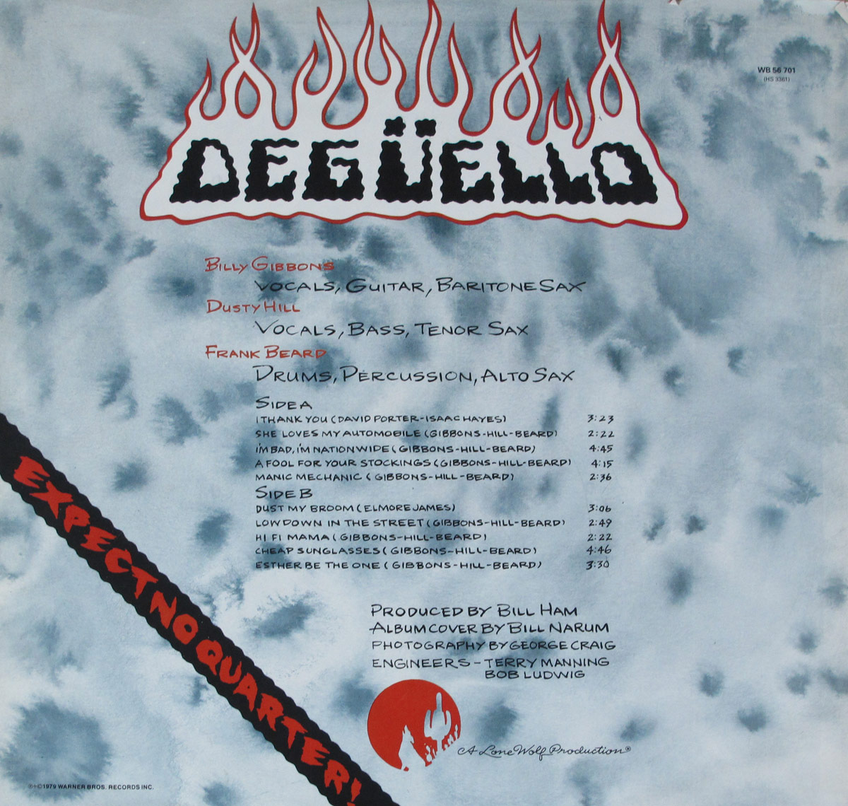 ZZ Top Deguello inner sleeve featuring a blue cloudy background with tracklist, musician credits, and a red flaming Deguello logo, along with a diagonal EXPECT NO QUARTER! banner.