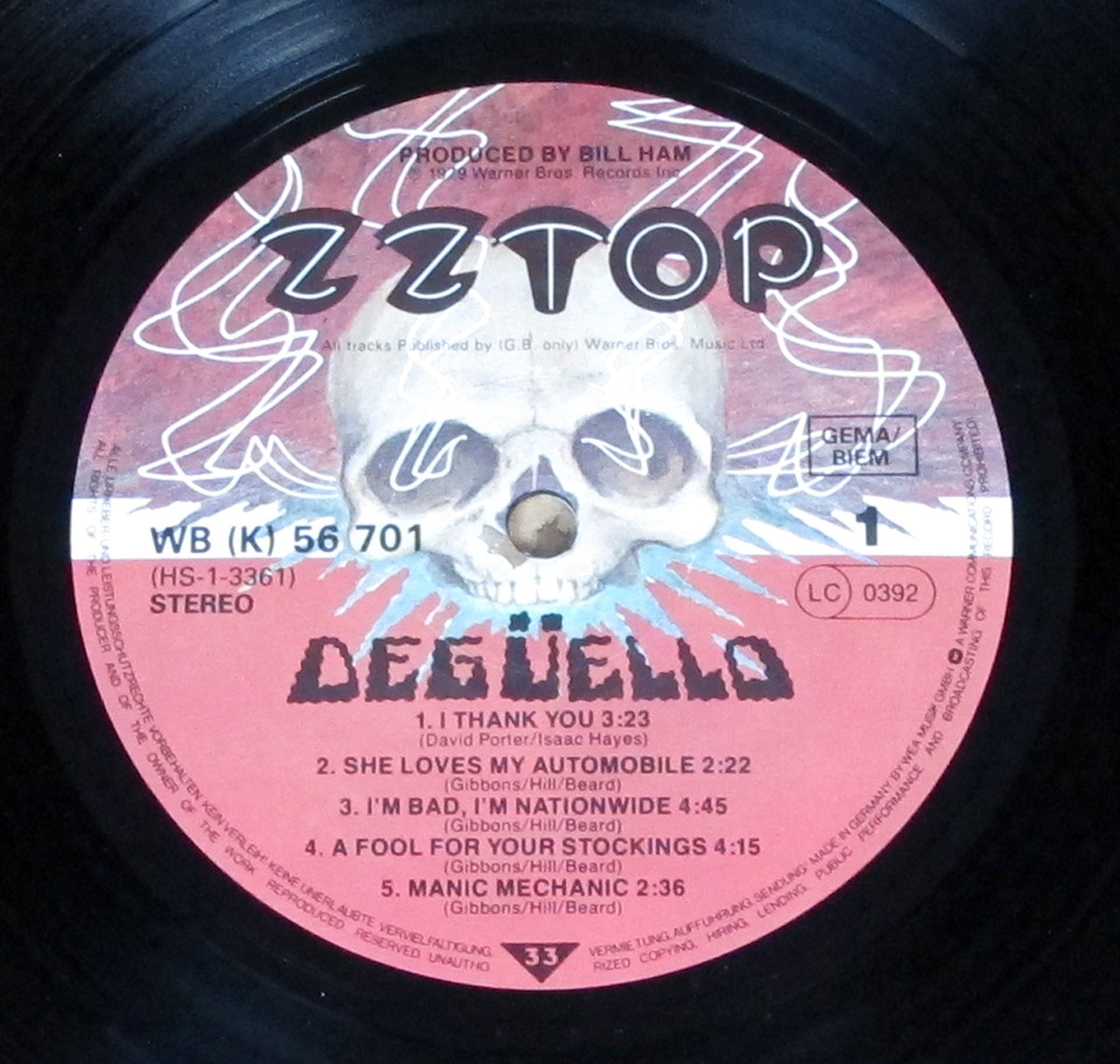 ZZ Top Deguello vinyl record label featuring skull artwork, album title, Warner Bros catalog number WB K 56701, and Side A track listing against a red background.