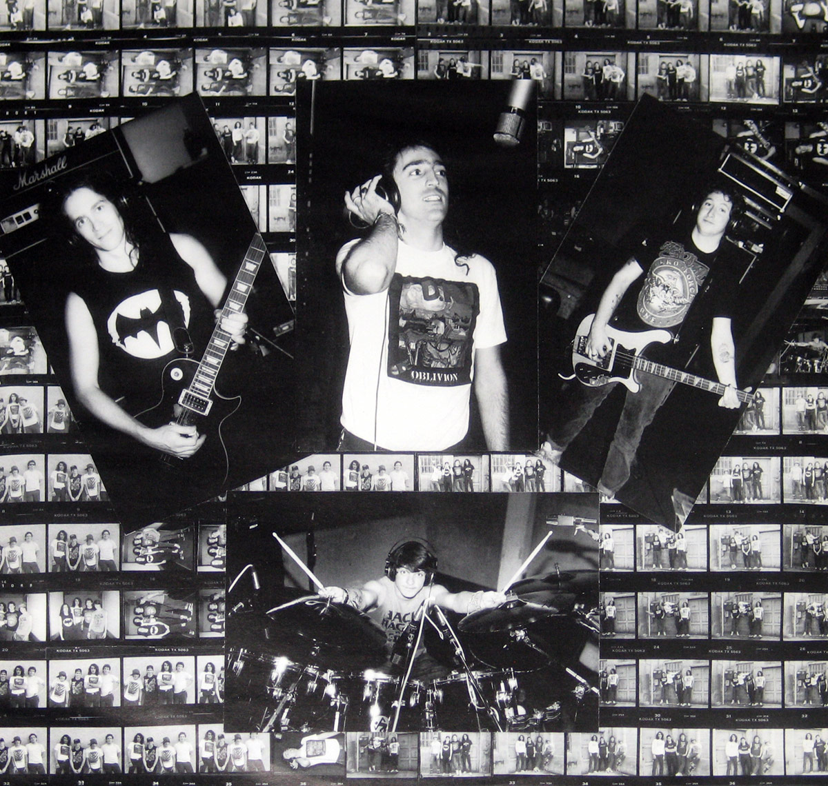 The inner album cover of D.R.I.'s '4 of a Kind' (1988) features a black-and-white collage of band members in the recording studio. The four musicians are displayed in separate rectangular frames over a background of contact sheet-style film strips showing candid shots. The guitarist wears a sleeveless Batman logo shirt, playing a Les Paul guitar near a Marshall amp. The vocalist is singing into a studio microphone, wearing a T-shirt with 'Oblivion' artwork. The bassist wears a dark T-shirt with a circular logo while holding a bass guitar. The drummer is seated behind a drum kit, wearing a sleeveless Black Flag shirt and headphones, mid-performance.