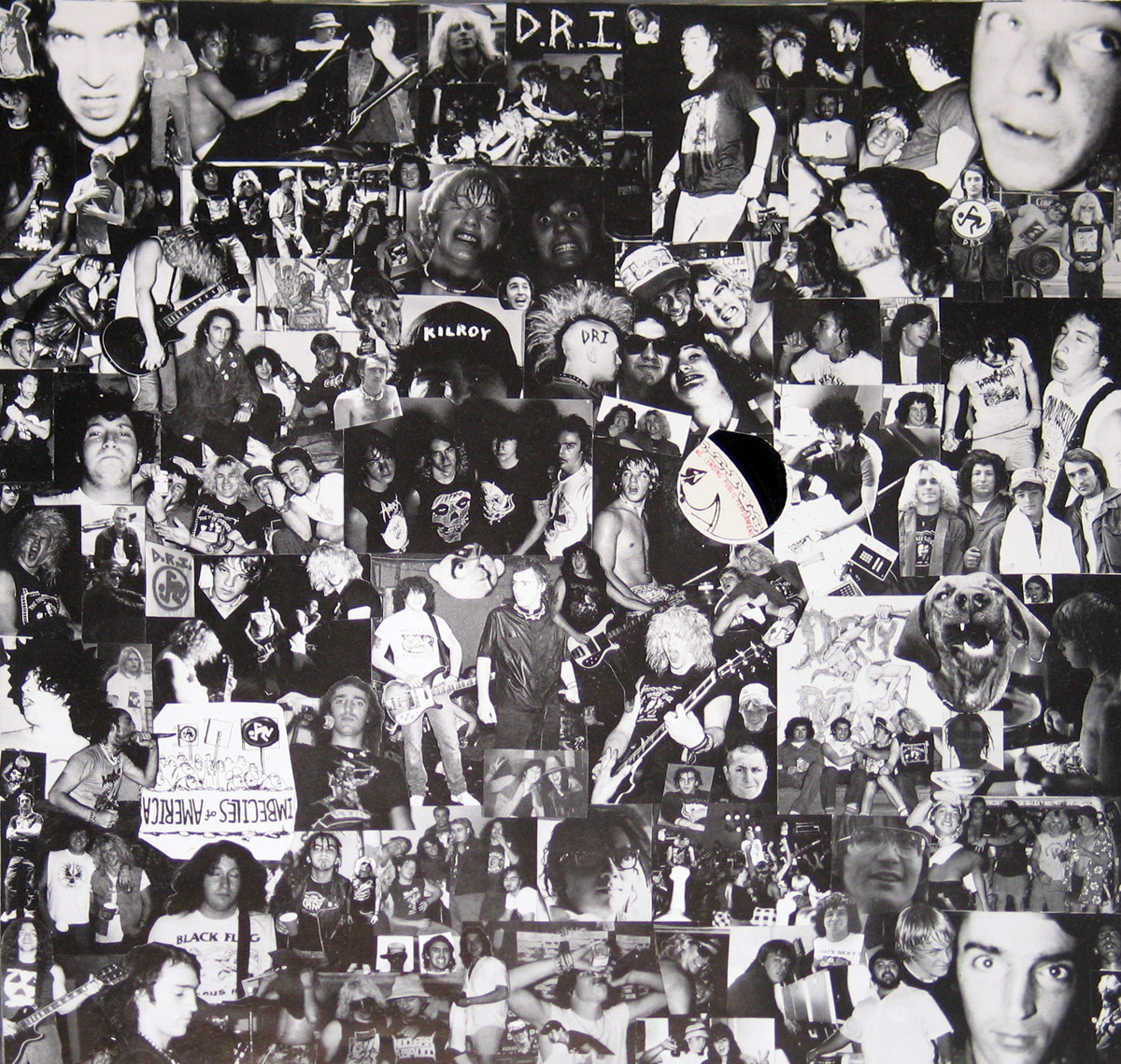 The custom inner sleeve of D.R.I.'s 'Crossover' (1987) features a chaotic black-and-white collage of candid band photos, live performances, and fan interactions. The high-energy imagery captures the essence of the crossover thrash scene, with band members engaging in intense live shows, interacting with fans, and showcasing punk and metal culture. Various D.R.I. logos, punk insignias, and graffiti-style elements appear throughout the montage. The raw and unfiltered aesthetic represents the underground, do-it-yourself spirit of the era.