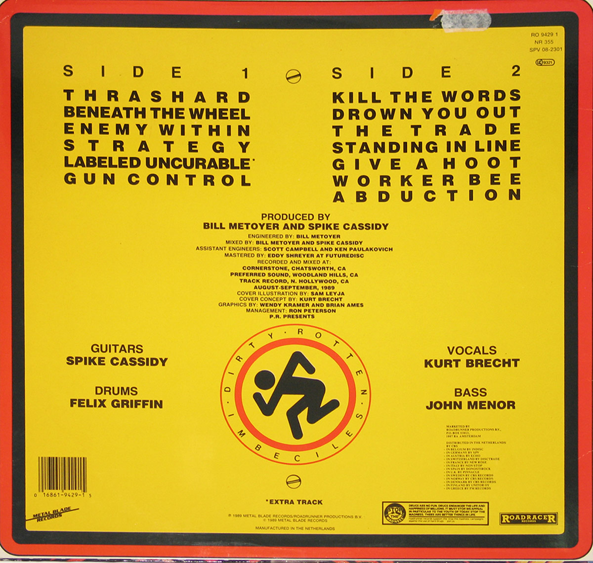 Back cover of DRI's 'Thrash Zone' album, featuring a bold yellow background with black tracklist text, band credits, and the iconic running man logo at the bottom.