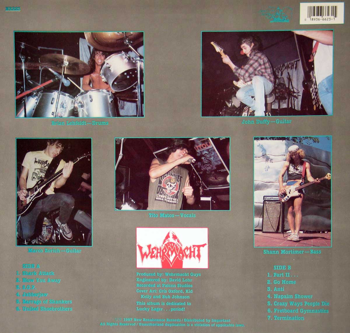 Back cover of Wehrmacht’s Shark Attack album featuring live-action band photos of Brian Lehfeldt on drums, John Duffy on guitar, Marco Zorich on guitar, Tito Matos on vocals, and Shann Mortimer on bass, with tracklist and credits