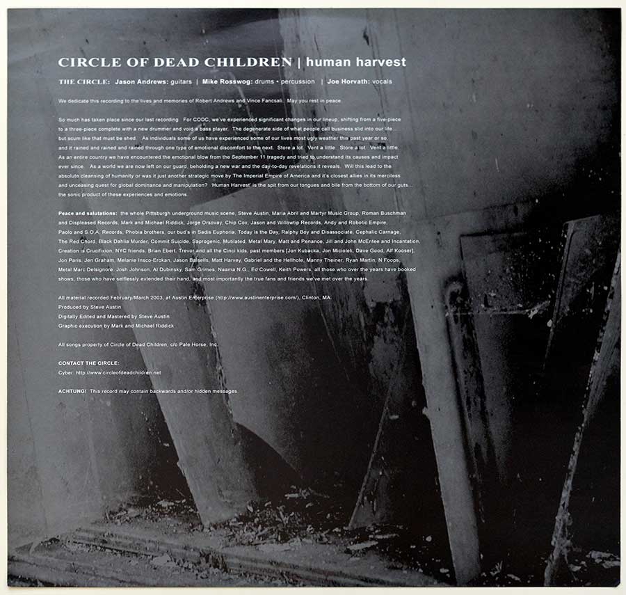 Photo One Of The Original Custom Inner Sleeve CIRCLE OF THE DEAD CHILDREN - Human Harvest 