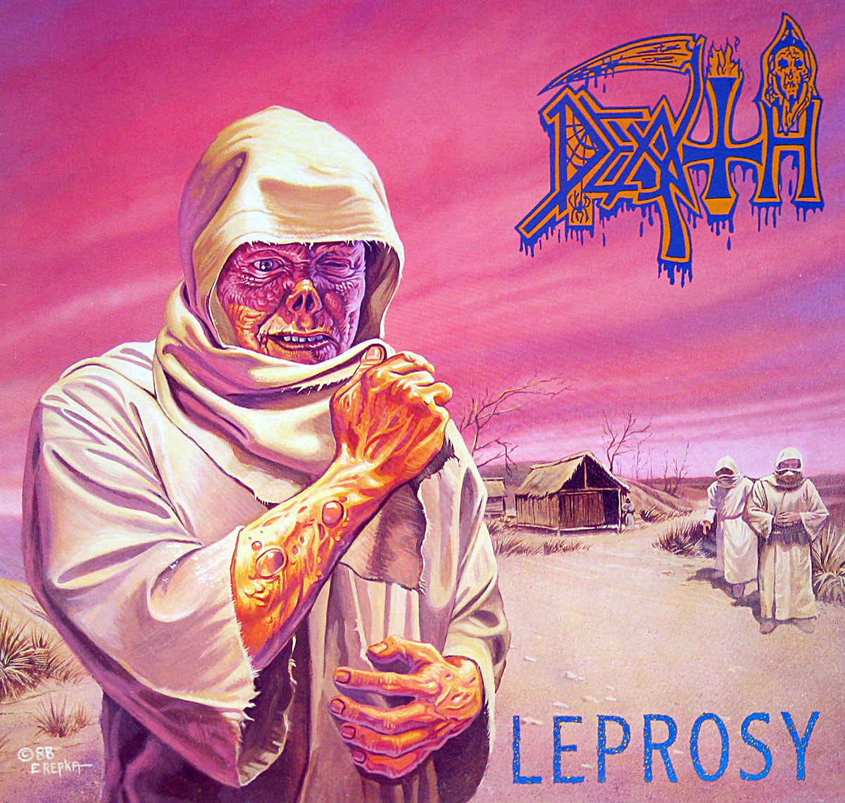 Album cover of Death’s Leprosy by Ed Repka. Features a grotesque leprous figure in a tattered white hooded robe, revealing decayed flesh covered in sores. The background shows a desolate landscape with dilapidated shacks and robed figures walking away under a pink and red ominous sky. The Death logo appears in the top-right corner with a sickle integrated into the design, and the album title Leprosy is in bold blue lettering below.