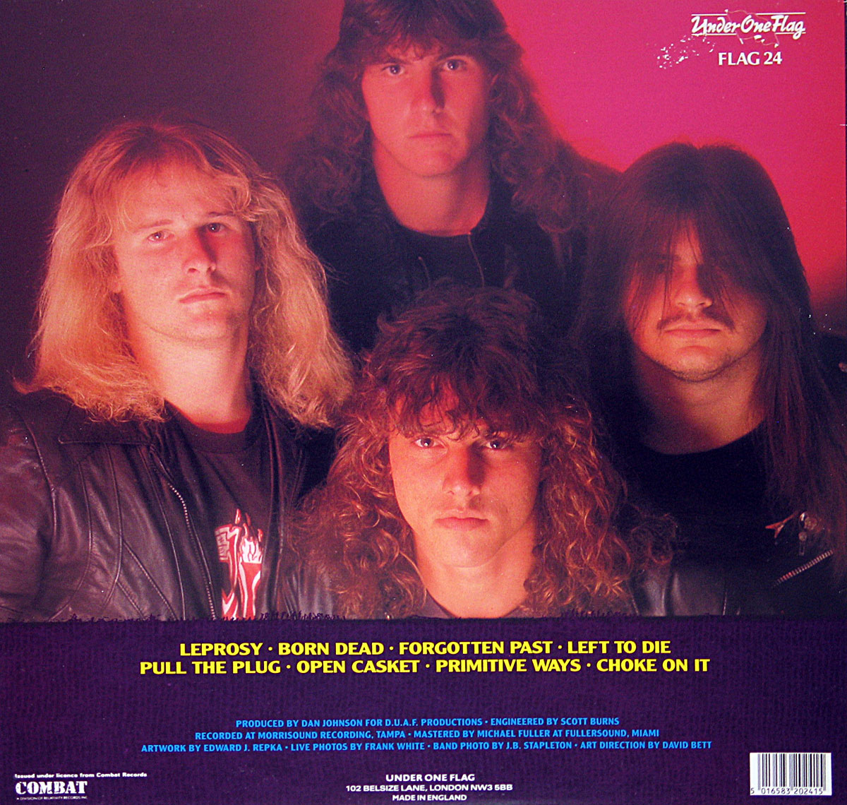 Back cover of Death’s Leprosy album. Features a reddish-purple group photo of the band members with intense expressions, wearing leather jackets and dark clothing. The bottom section includes production credits, studio details, and label logos for Combat Records and Under One Flag.