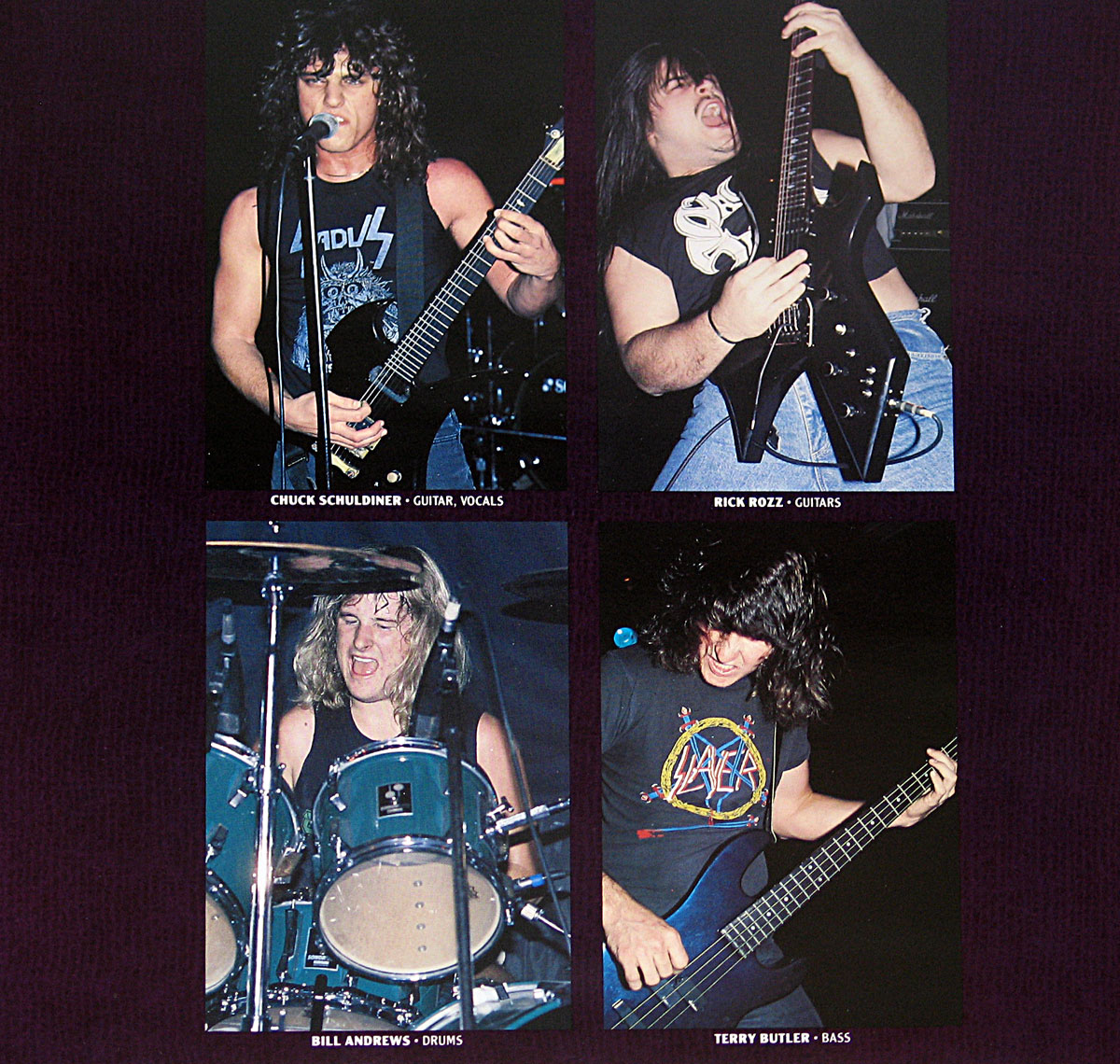 Custom inner sleeve of Death’s Leprosy album featuring live-action photos of the band members. Top left: Chuck Schuldiner, guitarist and vocalist, performing with a black guitar, wearing an Exodus shirt. Top right: Rick Rozz, guitarist, playing intensely in a sleeveless shirt. Bottom left: Bill Andrews, drummer, captured mid-action behind a teal drum kit. Bottom right: Terry Butler, bassist, focused on playing a blue bass guitar, wearing a Slayer t-shirt. Each image is set against a dark background with member names and roles labeled below.
