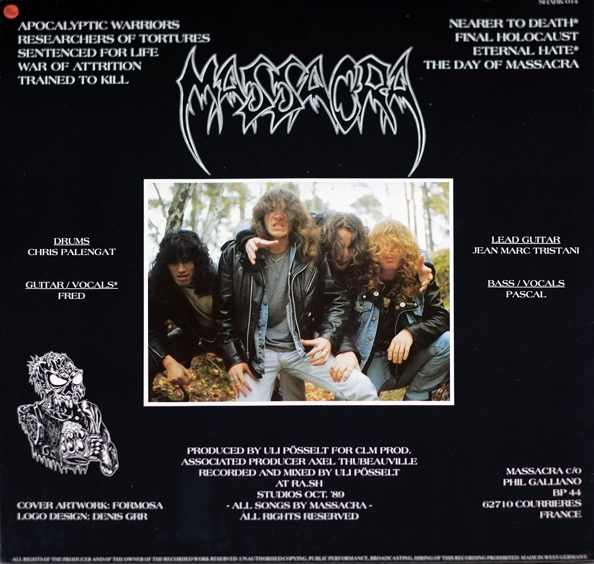 Back cover of Massacra’s “Final Holocaust” album featuring the band’s logo, tracklist, a group photo of the band in an outdoor setting, member credits, production details, and a small skeleton illustration in the bottom left corner.