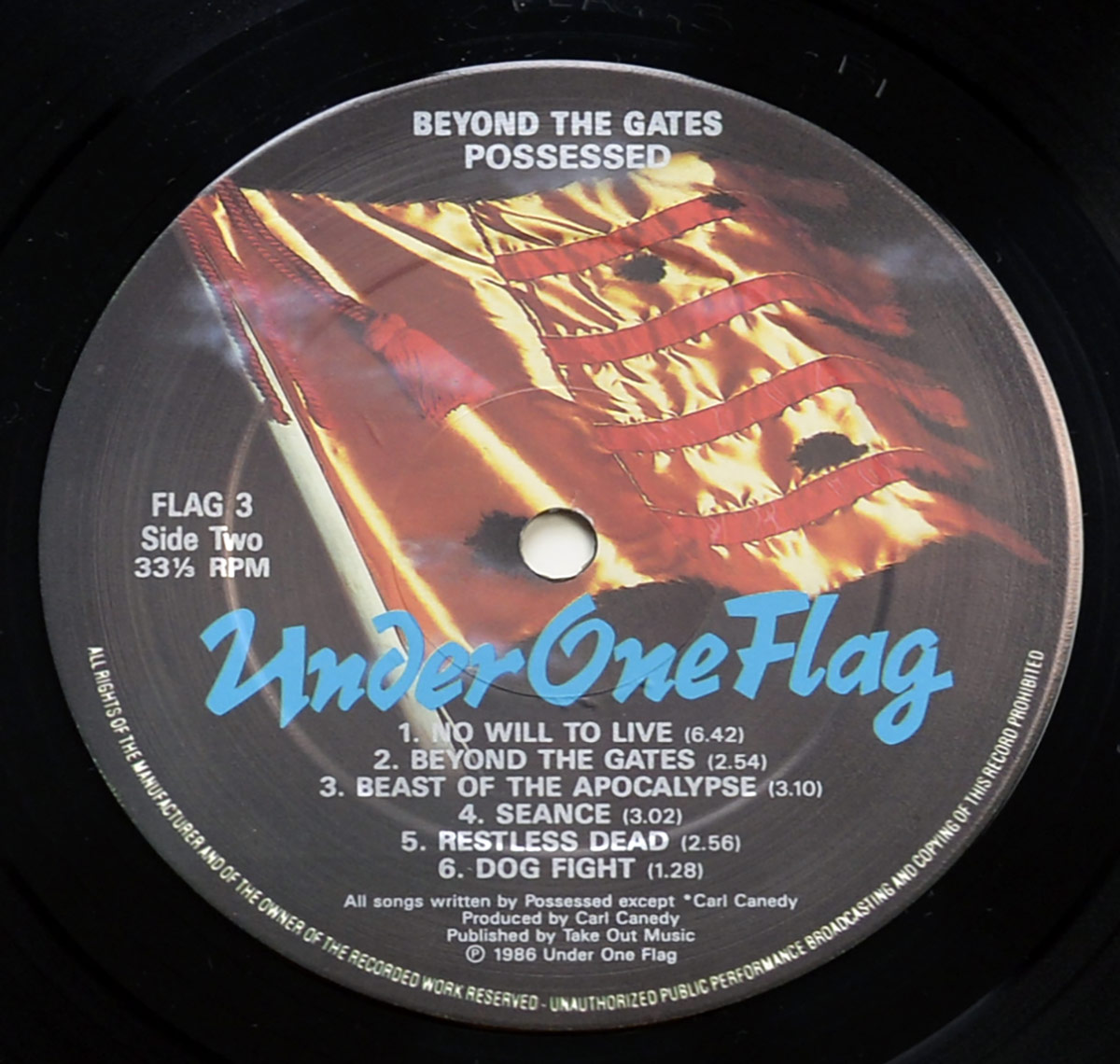 Side Two Close up of record's label POSSESSED - Beyond the Gates Gatefold Gimmick Cover 12" Vinyl LP Album 