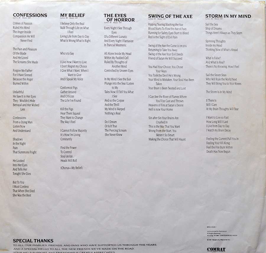 POSSESSED - The Eyes of Horror USA Combat 12" Vinyl LP Album 
 custom inner sleeve
