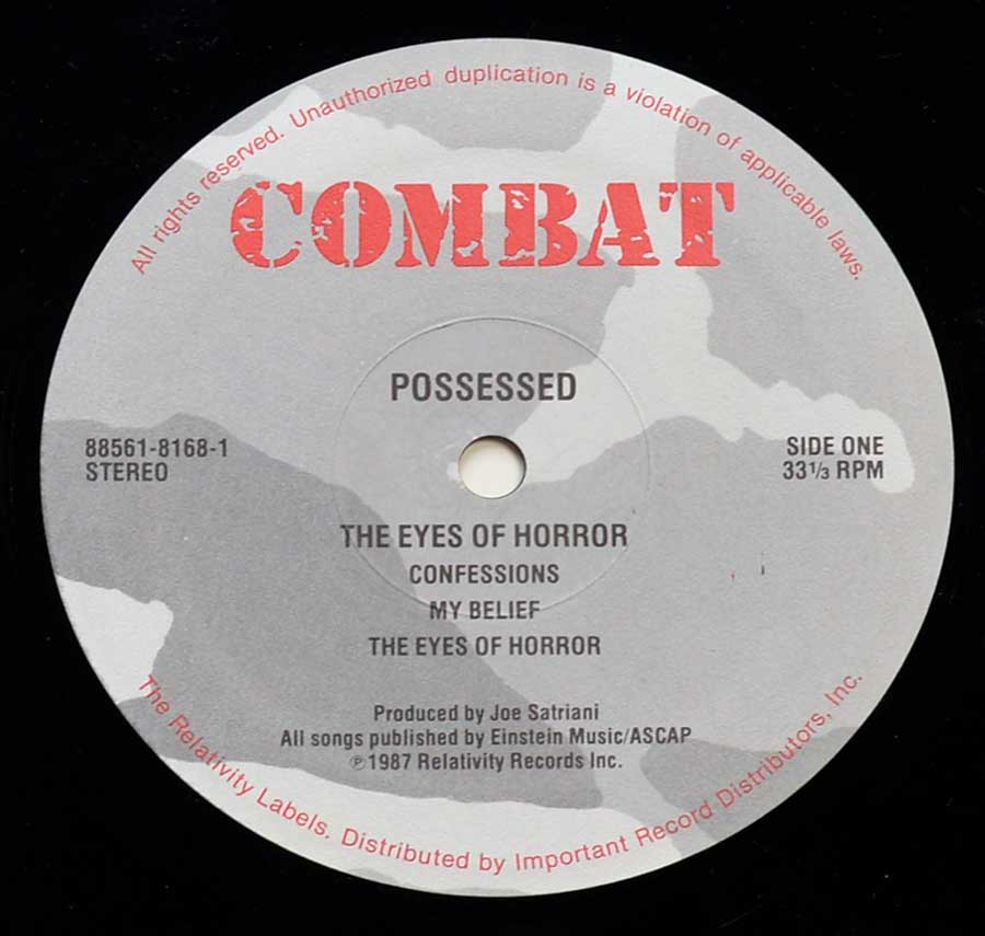 Close up "The Eyes of Horror" Record Label Details:  Combat 88561-8168-1 ℗ 1987 Relativity Records Sound Copyright 