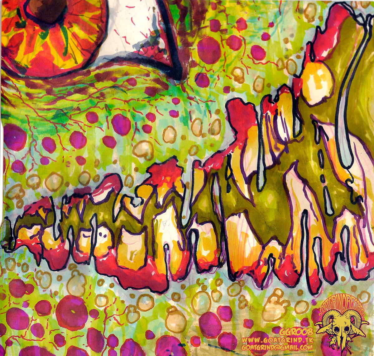 Back cover artwork of TENTACLES Self-Titled album: grotesque dripping fangs, psychedelic green and red textures, and eye with veined sclera. Goatgrind Records logo visible.