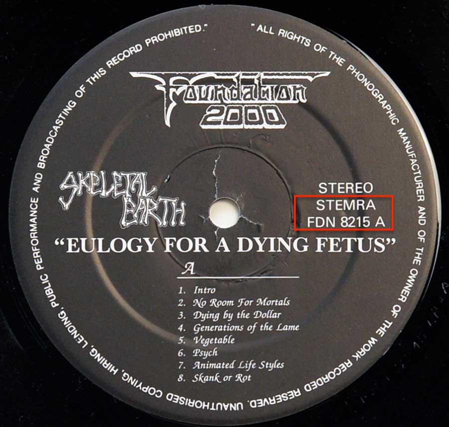 Close up photo of the records label SKELETAL EARTH - Eulogy for Dying Fetus 