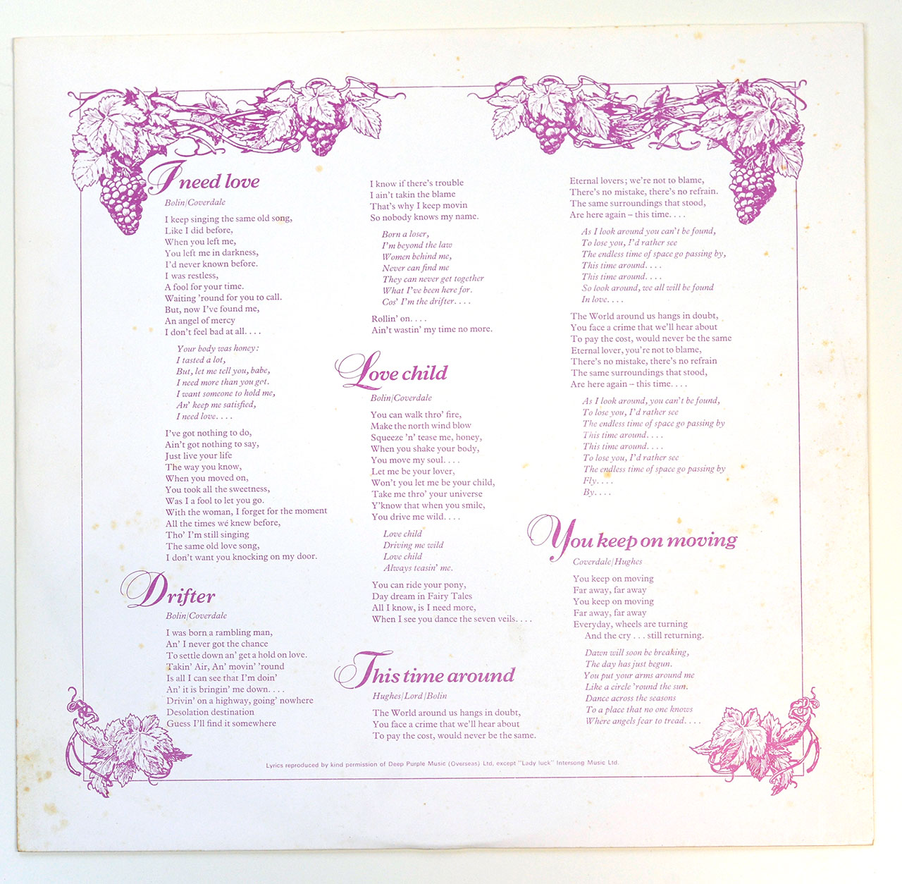 High Resolution Photo  of the  Original Custom Inner Sleeve (OIS) #1 of DEEP PURPLE - Come Taste The Band ( Netherlands ) https://vinyl-records.nl