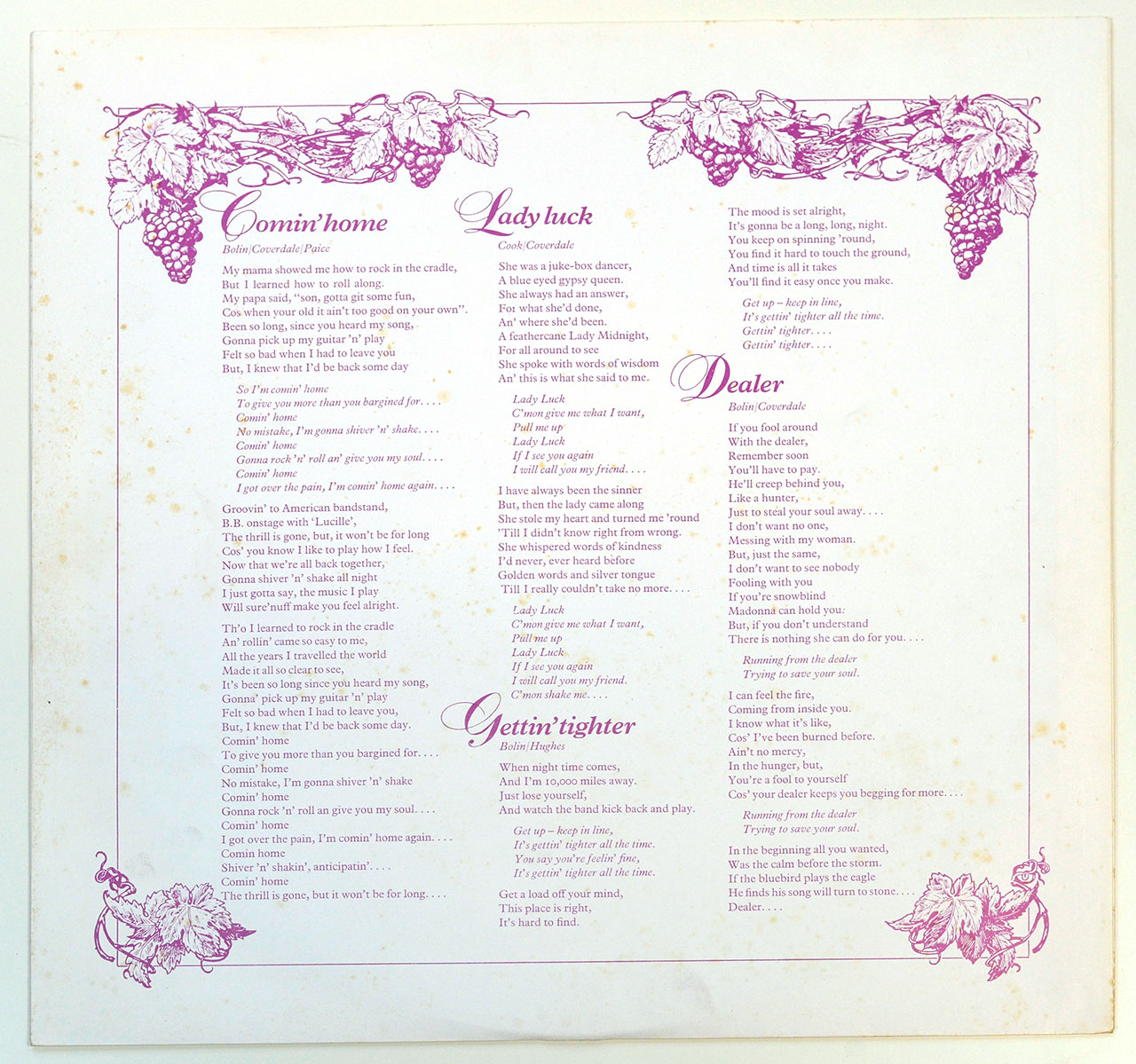 High Resolution Photo  of the  Original Custom Inner Sleeve (OIS) #2 of DEEP PURPLE - Come Taste The Band ( Netherlands ) https://vinyl-records.nl