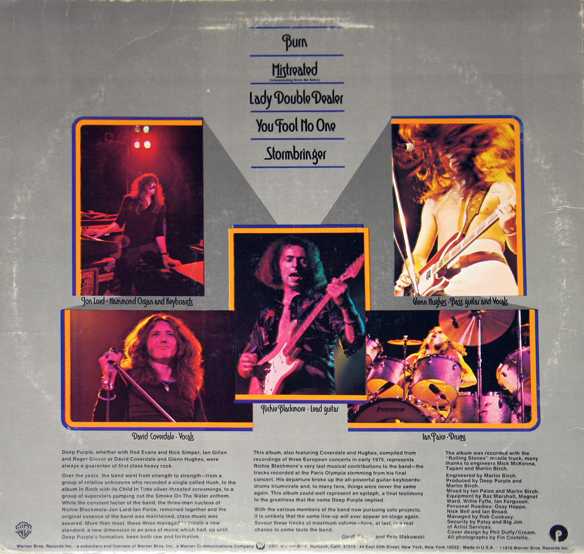 Deep Purple - Made in Europe album back cover featuring band member photos, track listing, and liner notes.