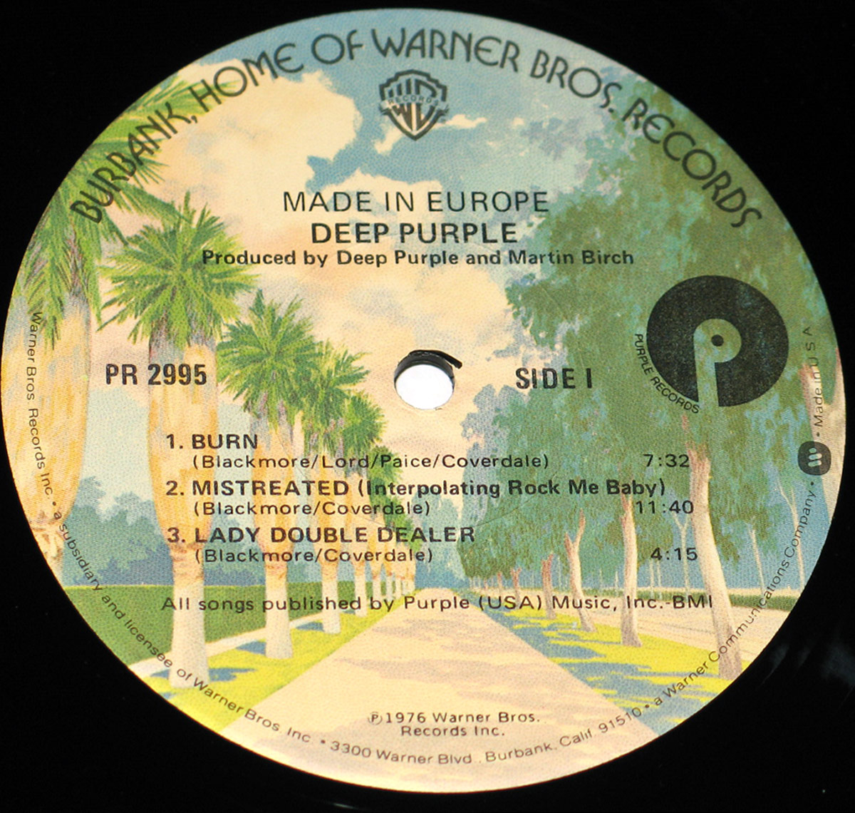 Deep Purple - Made in Europe record label featuring palm tree artwork and track listing for Side I, with Warner Bros. and Purple Records logos.