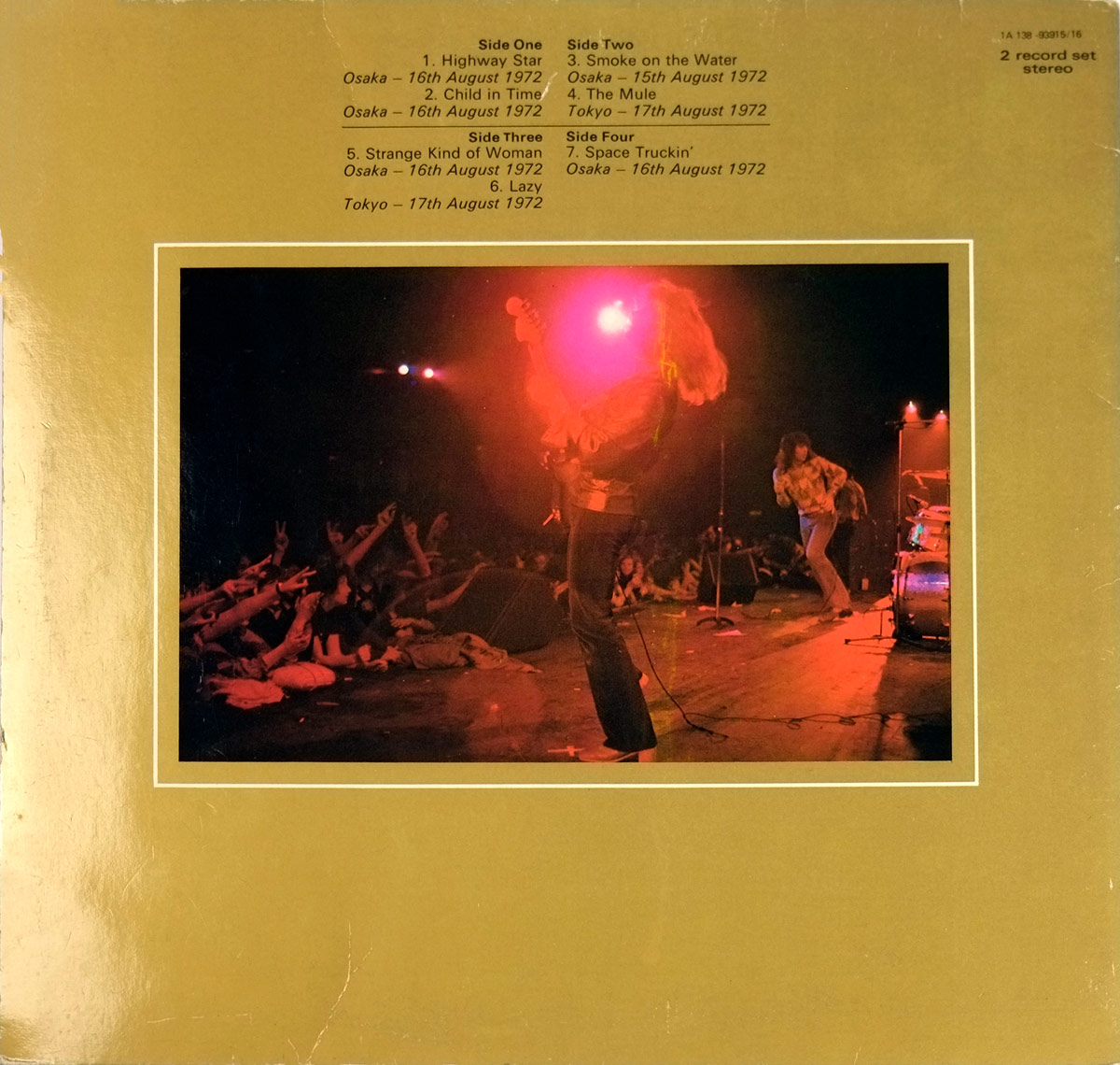 Back cover of Deep Purple's 'Made in Japan' European release featuring a live concert photo with Ian Gillan singing under intense red stage lights, Roger Glover moving energetically, and a wild crowd reaching towards the stage. Track listing and recording dates are printed above.
