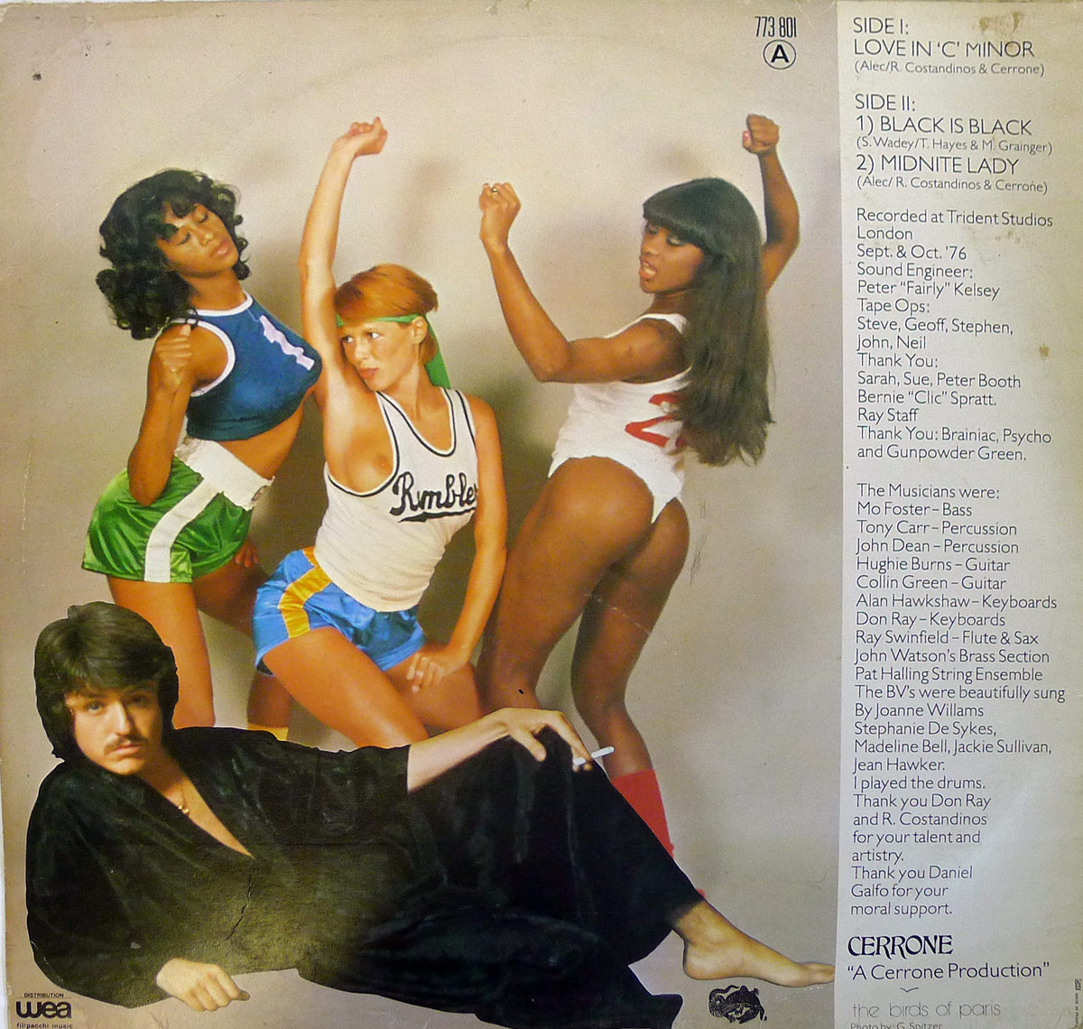 Back cover of Cerrone’s Love in C Minor featuring Marc Cerrone reclining in a black robe at the bottom left, holding a cigarette, with three women in athletic-inspired outfits striking energetic poses above him. The women wear vibrant shorts and tank tops, exuding a playful disco-era vibe. Album credits and track listing are displayed on the right side in a clean typeface.