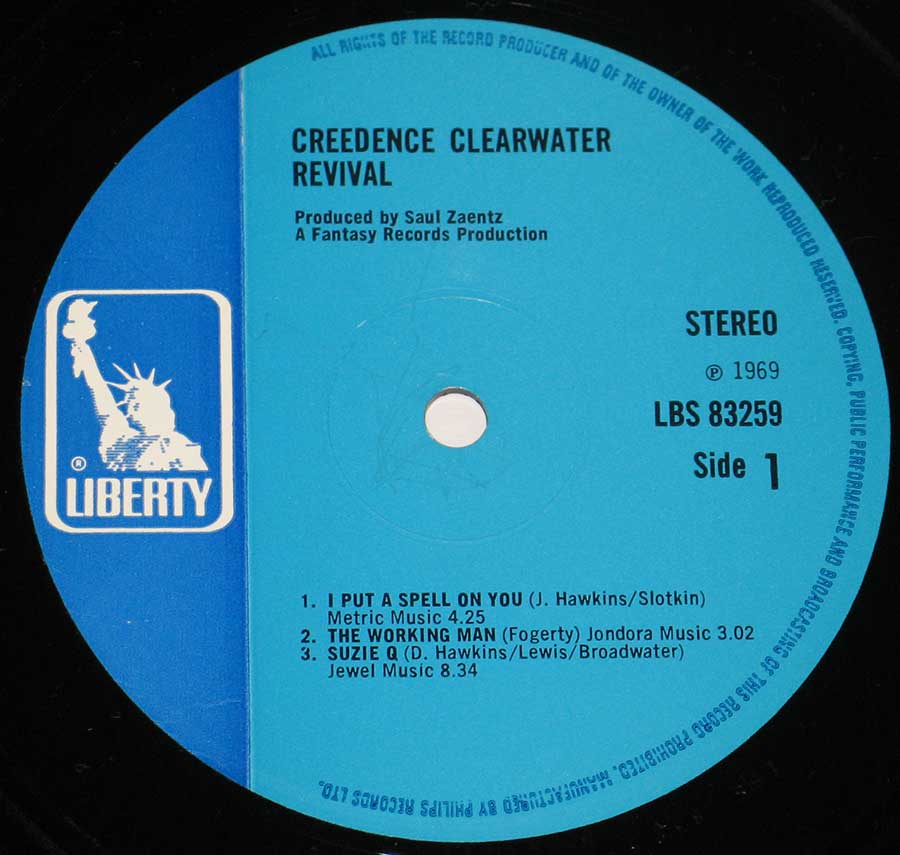 Close up of Side One record's label CREEDENCE CLEARWATER REVIVAL - Self-titled ( USA Release ) 12" Vinyl LP Album