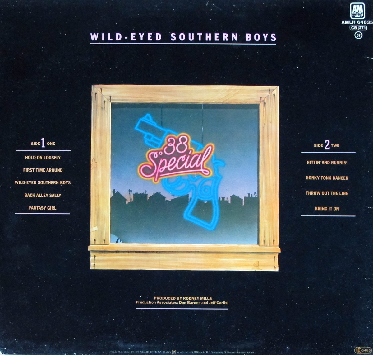 Back cover of 38 SPECIAL Wild-Eyed Southern Boys album featuring a framed neon gun sign with the band's logo against a twilight cityscape silhouette, and full tracklist for both album sides.