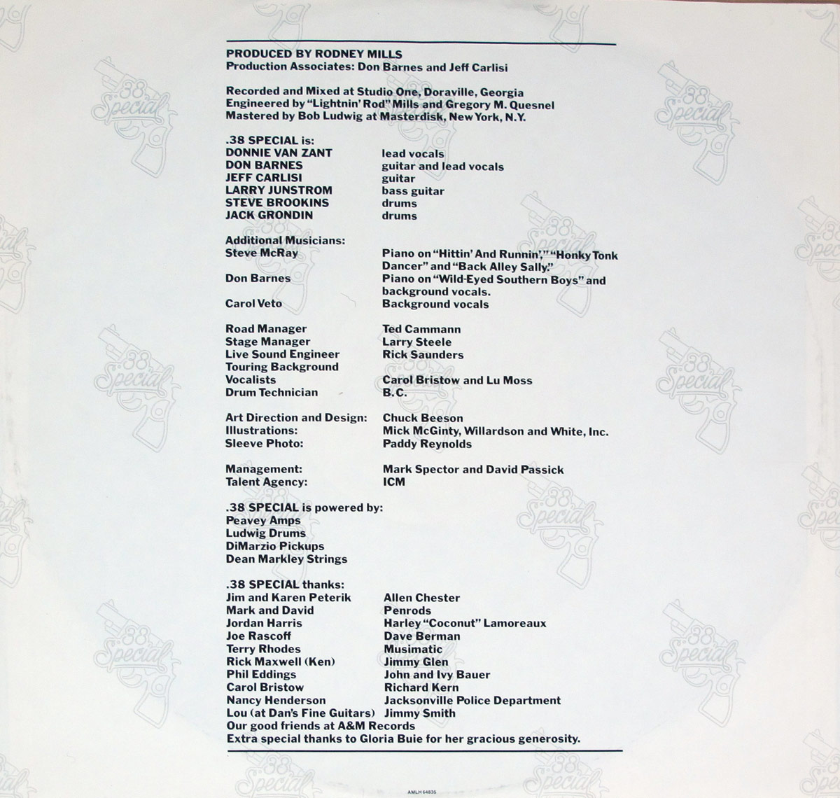 Credits page from the original inner sleeve of 38 SPECIAL's Wild-Eyed Southern Boys album, listing band members, production team, guest musicians, and thank-you notes in black text on a white background with a repeating light grey revolver logo.