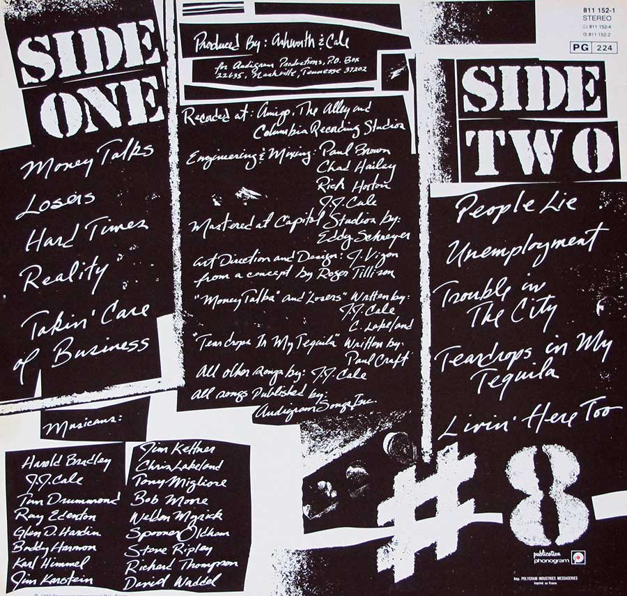 J.J. CALE - 8 Eight 1983 12" LP Vinyl Album
 back cover