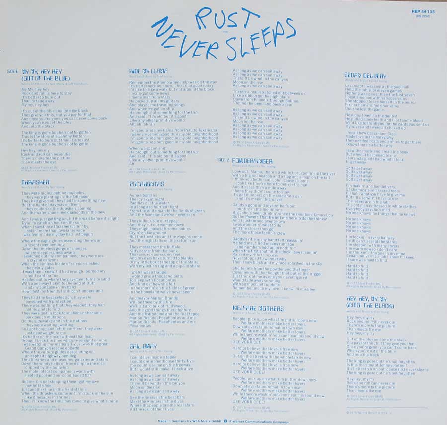 NEIL YOUNG + CRAZY HORSE Rust Never Sleeps + Lyrics Sheet 12"LP Vinyl Album inner gatefold cover