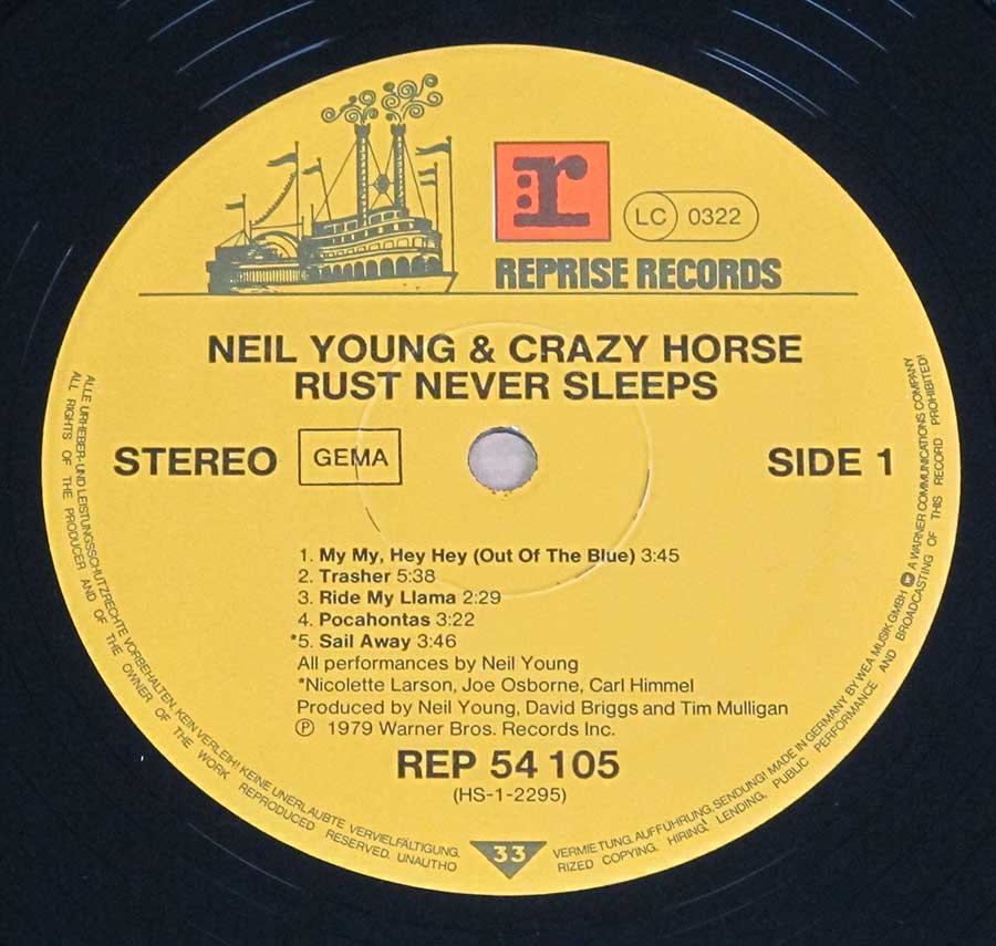 NEIL YOUNG + CRAZY HORSE Rust Never Sleeps + Lyrics Sheet 12"LP Vinyl Album enlarged record label