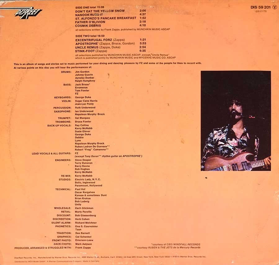 Photo of album back cover FRANK ZAPPA APOSTROPHE 12" LP Vinyl Album 
