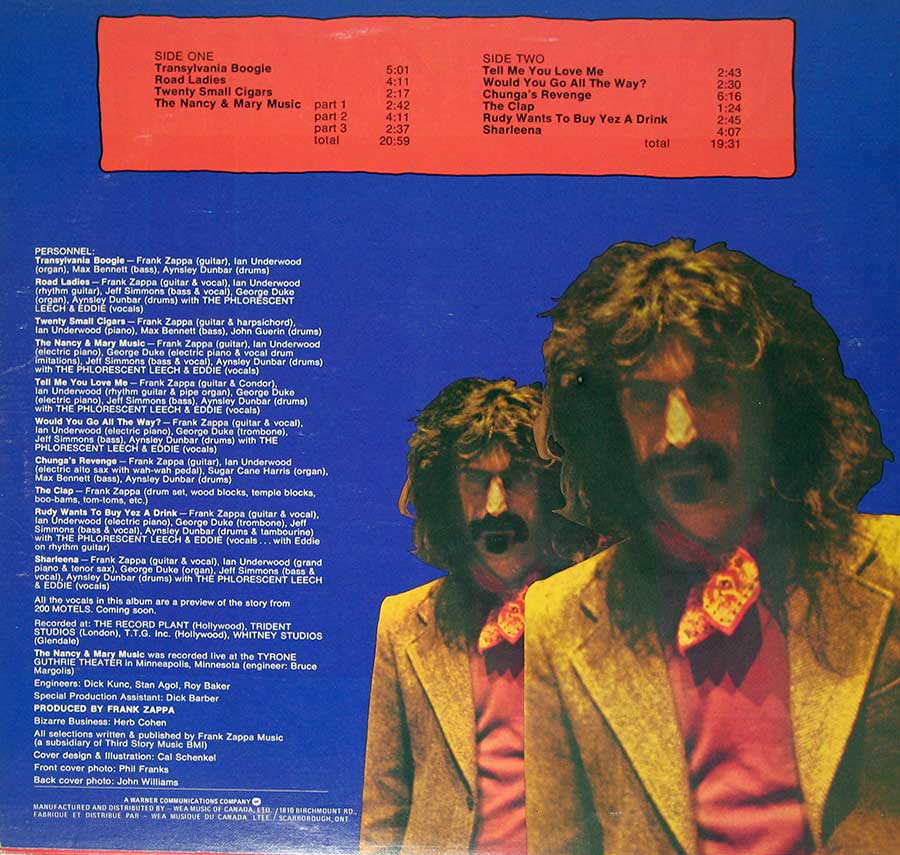 FRANK ZAPPA - Chunga's Revenge Canada 12" Vinyl LP Album album back cover