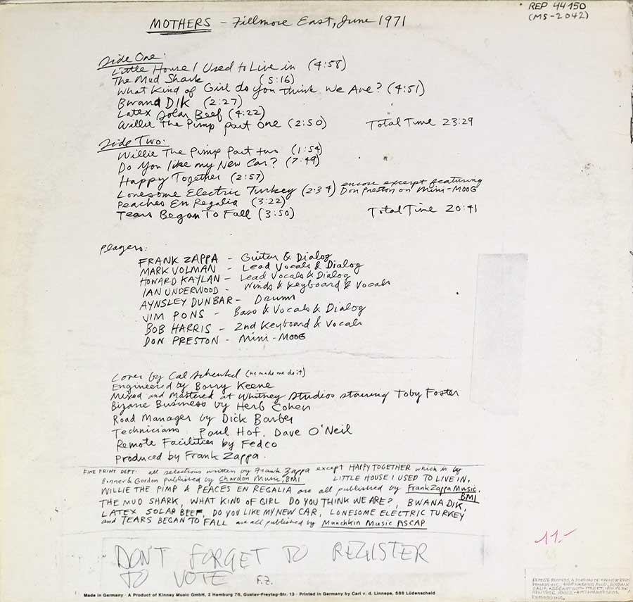 Photo of album back cover THE MOTHERS ( OF INVENTION ) - Fillmore East 1971

