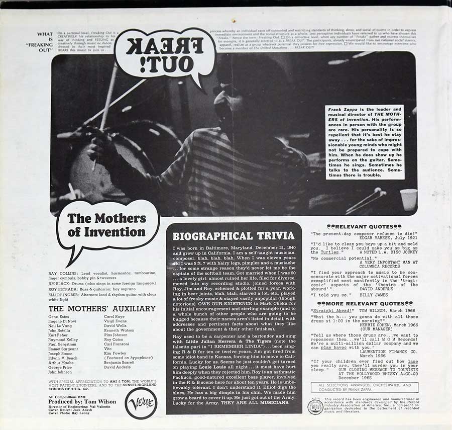 Photo of the left page inside cover THE MOTHERS OF INVENTION - FREAK OUT!  
