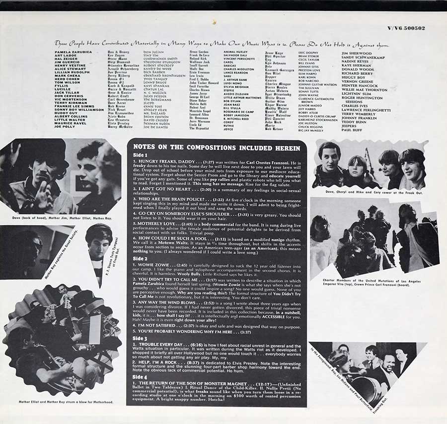 Photo of the right page inside cover THE MOTHERS OF INVENTION - FREAK OUT!  