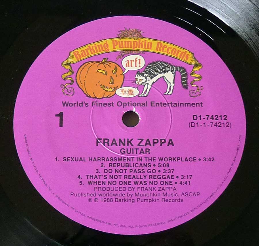 Record Label Details: Barking Pumpkin Records (World's Finest Optional Entertainment) D1-74212  © ℗ 1988 Sound Copyright 