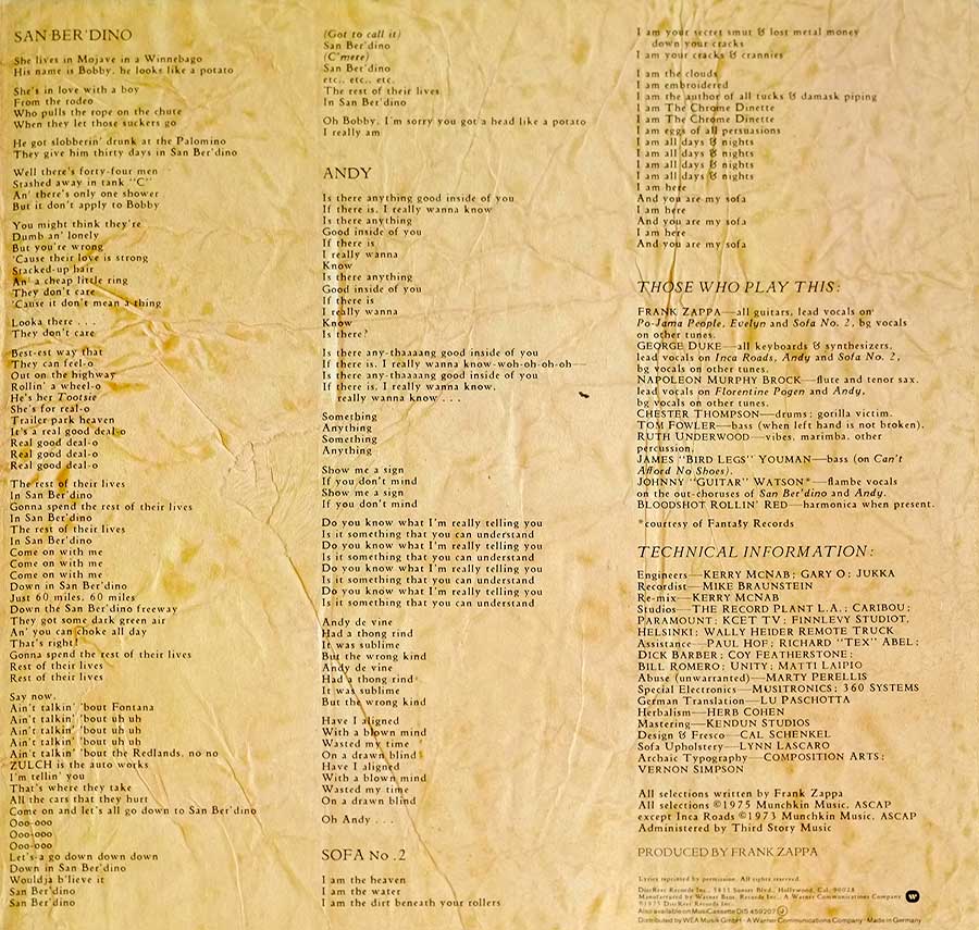 Photo of the right page inside cover FRANK ZAPPA & MOTHERS OF INVENTION - One Size Fits All Gatefold 12" LP Vinyl Album 