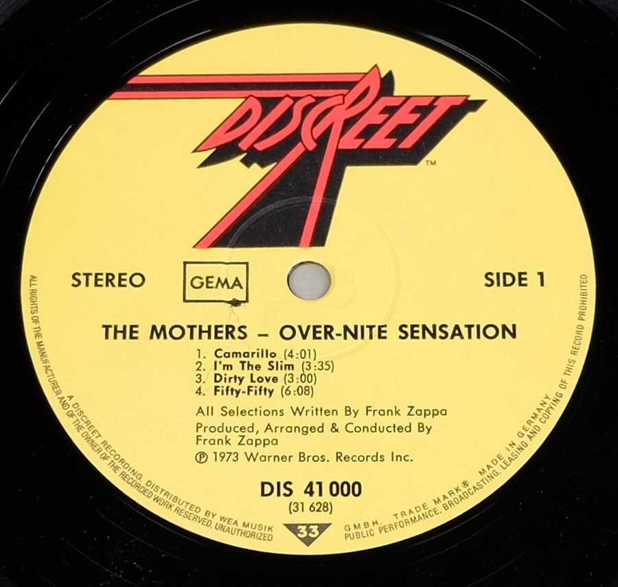 Close up of record's label MOTHERS OF INVENTION - Over-Nite Sensation Side One