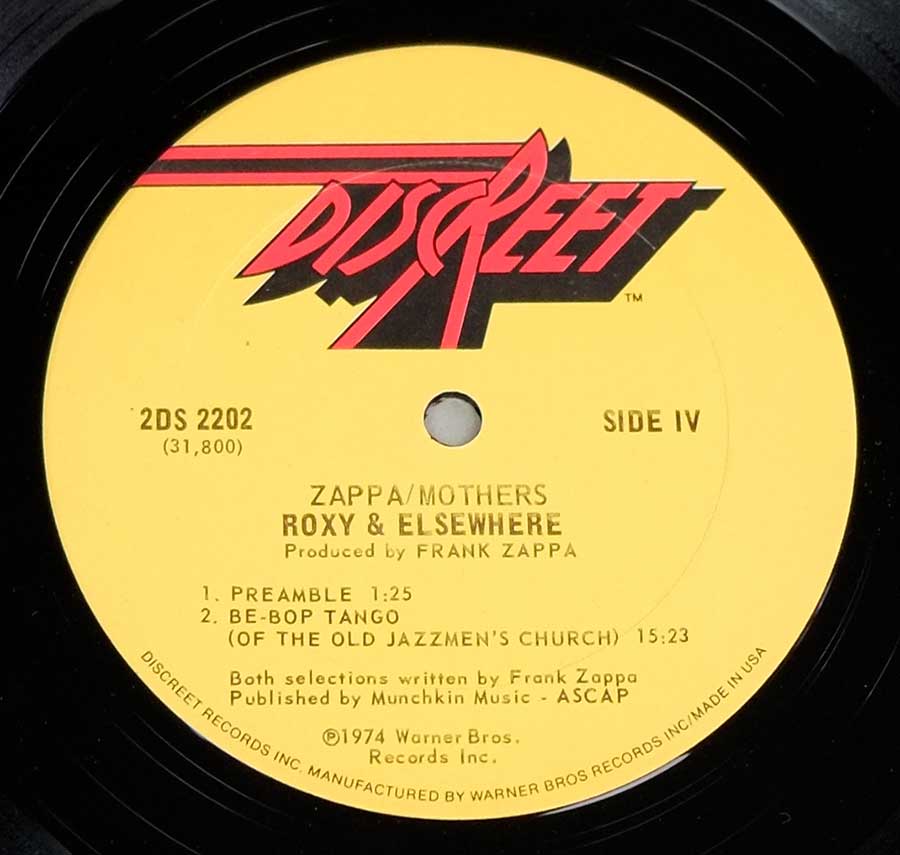 Close up of record's label Side Two FRANK ZAPPA & MOTHERS OF INVENTION - Roxy & Elsewhere USA 1ST Pressing Gatefold 2LP 12" VINYL Album 