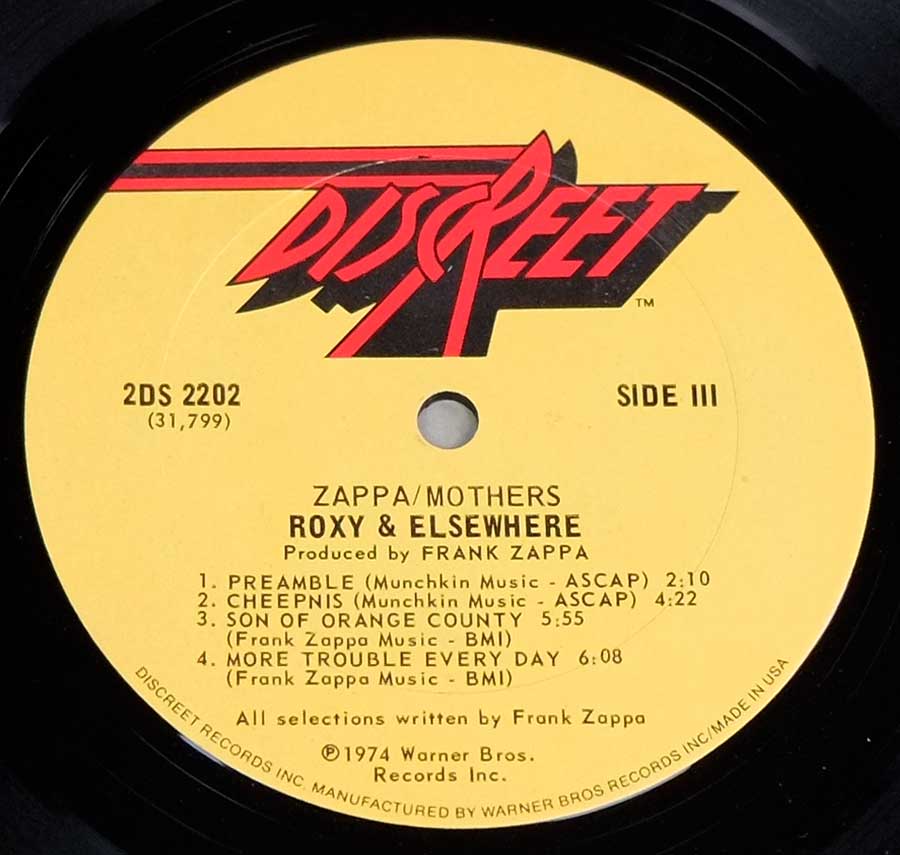 Close up of record's label Side Four FRANK ZAPPA & MOTHERS OF INVENTION - Roxy & Elsewhere USA 1ST Pressing Gatefold 2LP 12" VINYL Album 