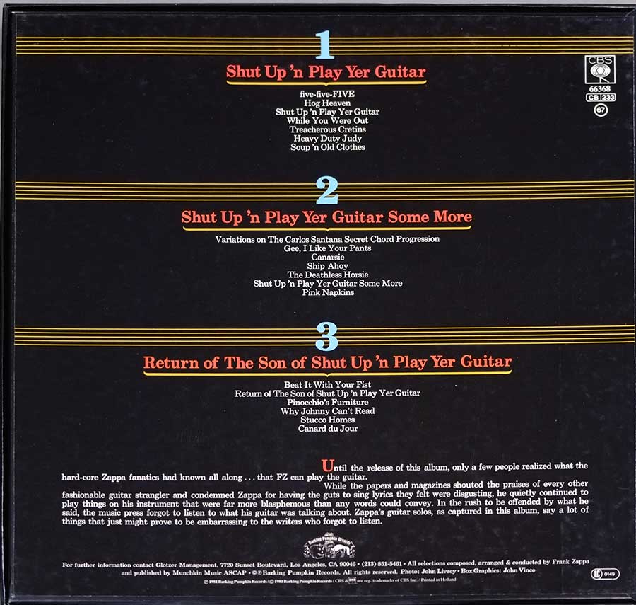FRANK ZAPPA - Shut Up 'N Play Yer Guitar 3LP BOX-SET 12" VINYL  album back cover