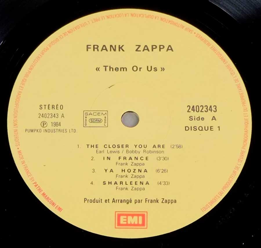FRANK ZAPPA - Them Or Us France Release Gatefold 12" 2LP VINYL Album
 enlarged record label