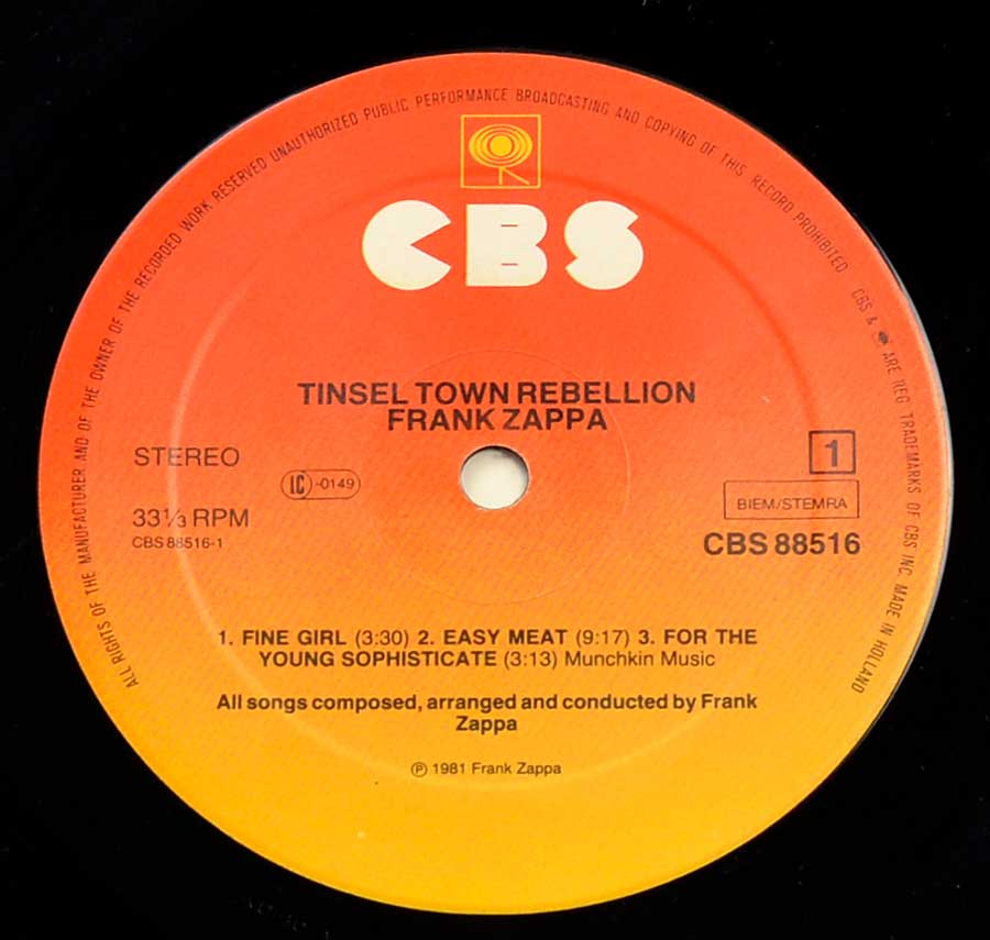 Photo Two of the original custom inner sleeve  FRANK ZAPPA - Tinsel Town Rebellion