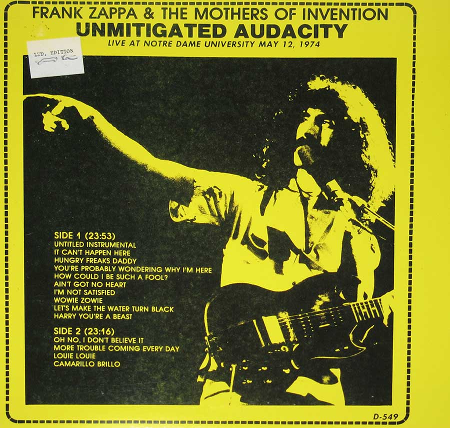 FRANK ZAPPA & MOTHERS OF INVENTION - Unmitigated Audacity 12"Vinyl LP Album front cover