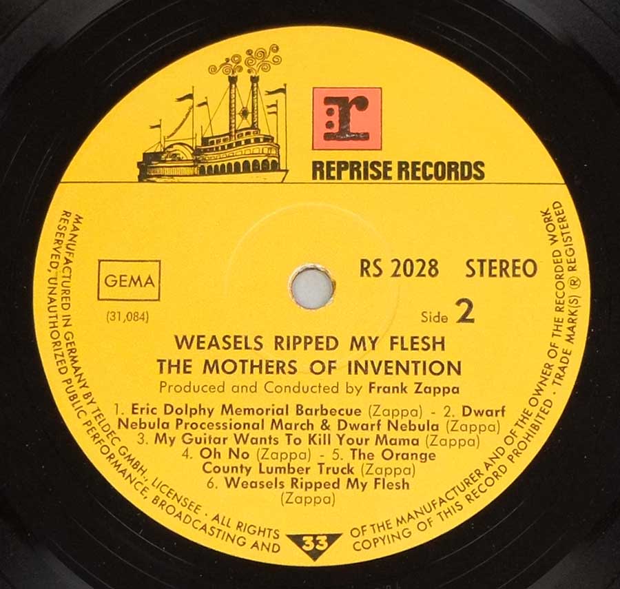 Close up of record's label MOTHERS OF INVENTION - Weasels Ripped My Flesh Side Two